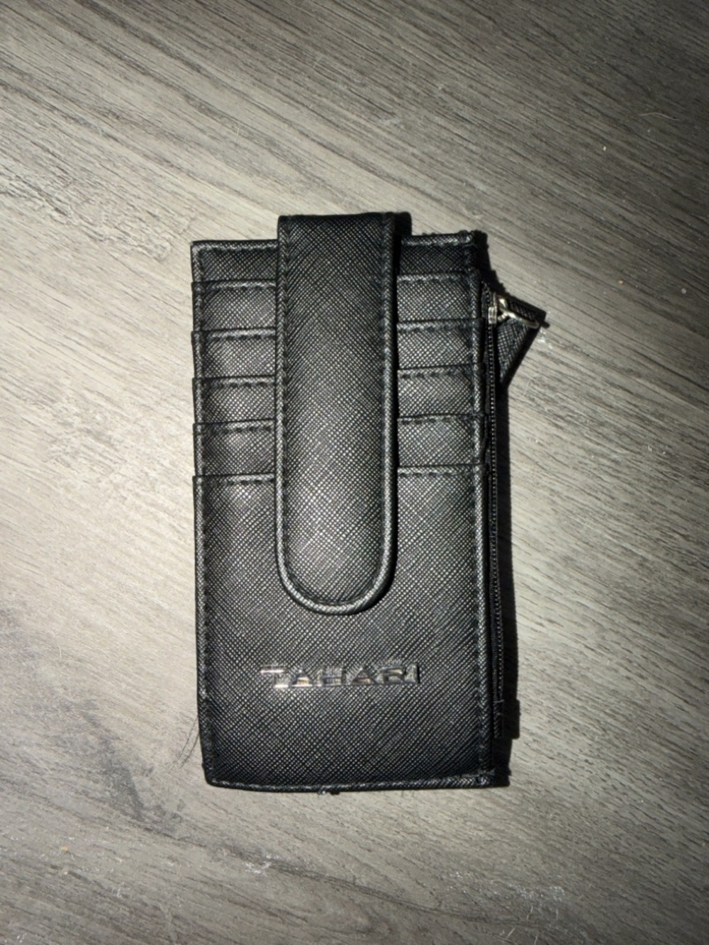 Tahari Black Saffiano Card Case with Snap Strap